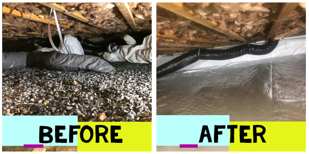 Illustrative before-and-after view of moisture-affected materials and a remediated space