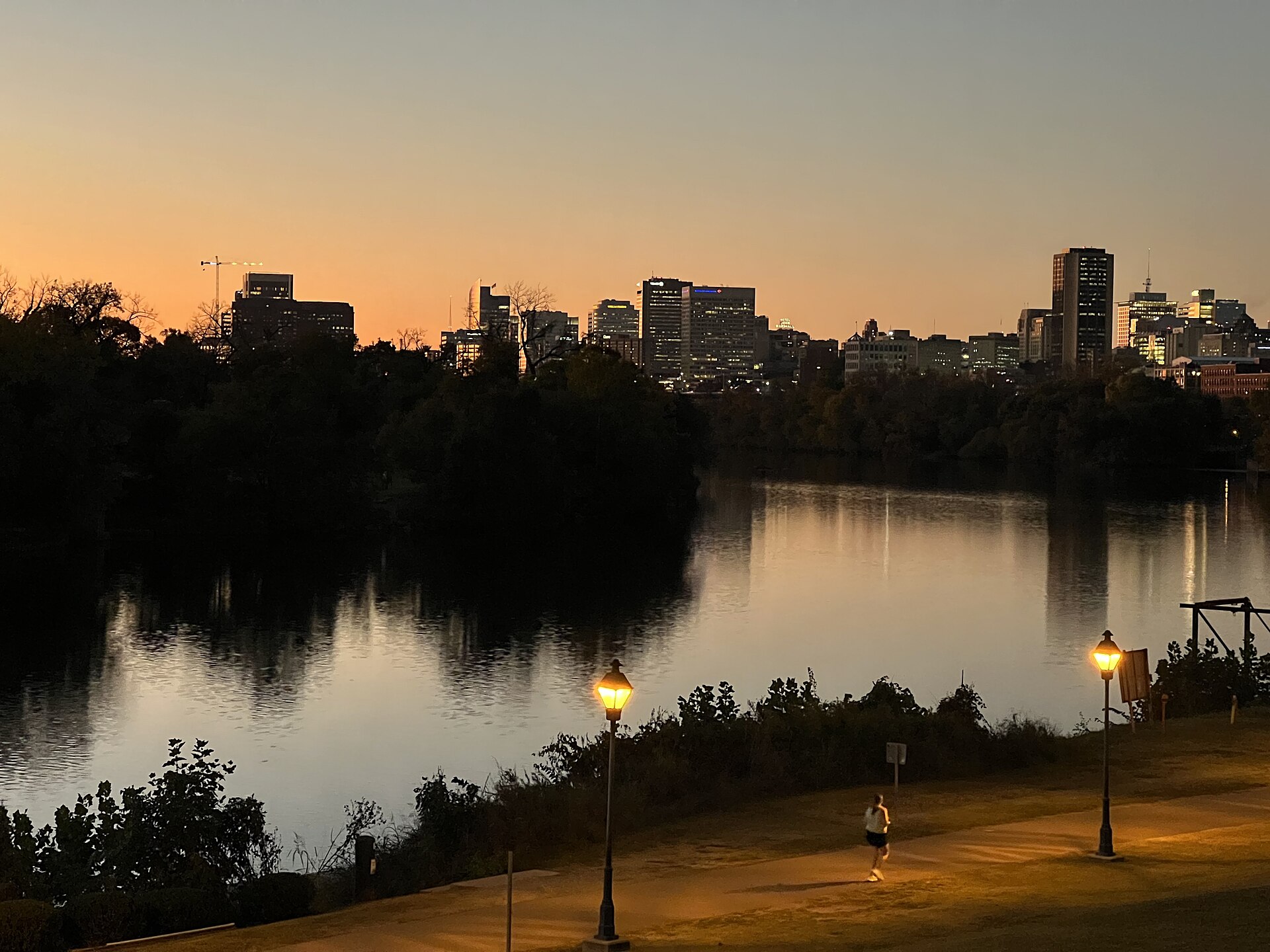 Richmond Virginia skyline and river at sunset